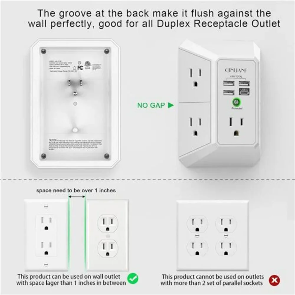 Wall Charger Surge Protector 5 Outlet Extender with 4 USB Charging Ports 3-Sided
